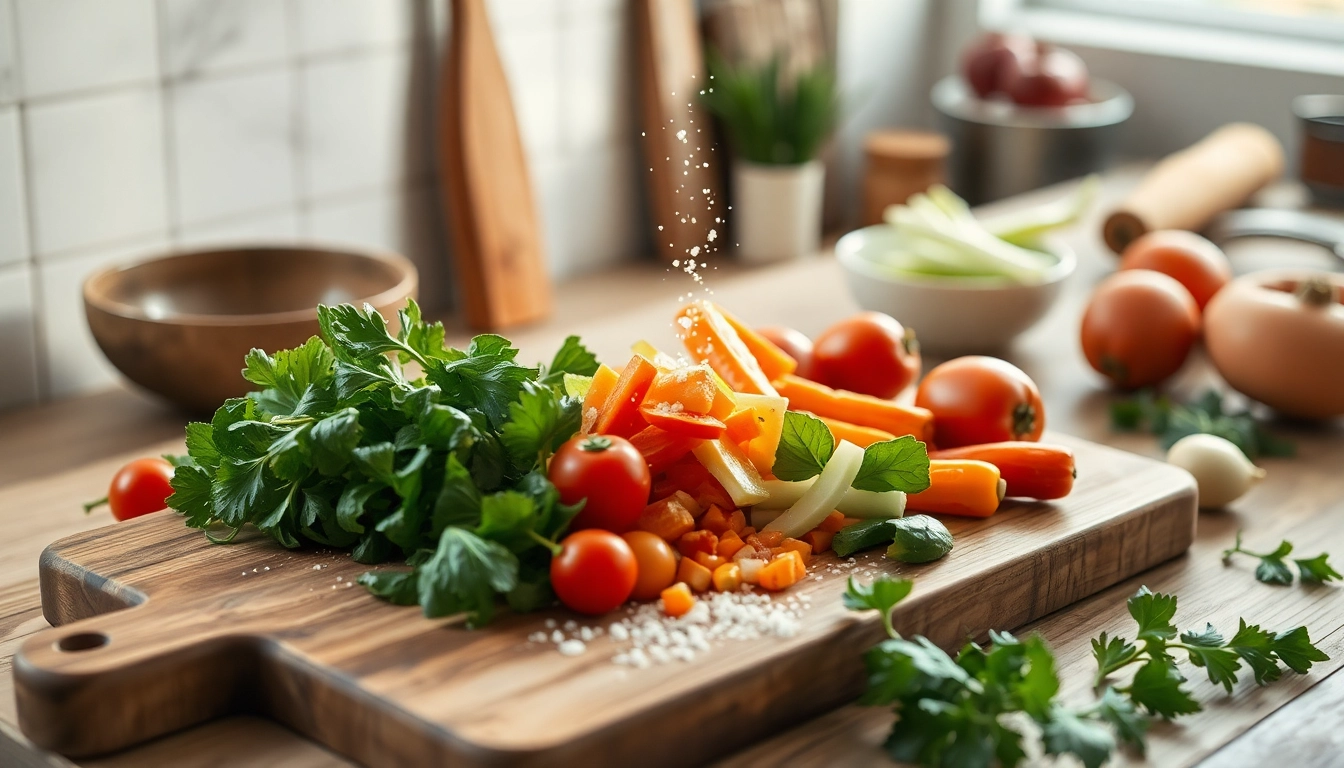 Salting fresh vegetables on a wooden cutting board in a rustic kitchen.