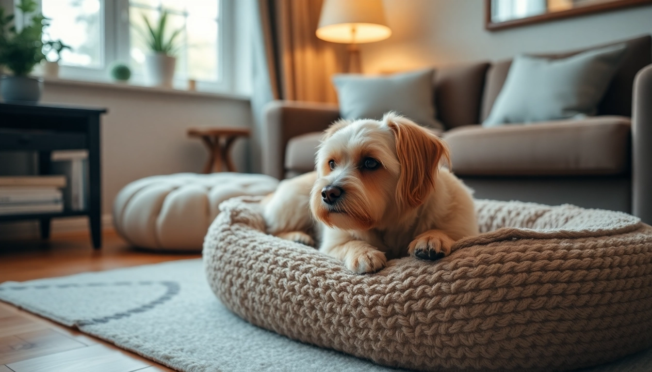 Pamper your pet with a cozy living room scene highlighting a relaxed dog on a plush bed.