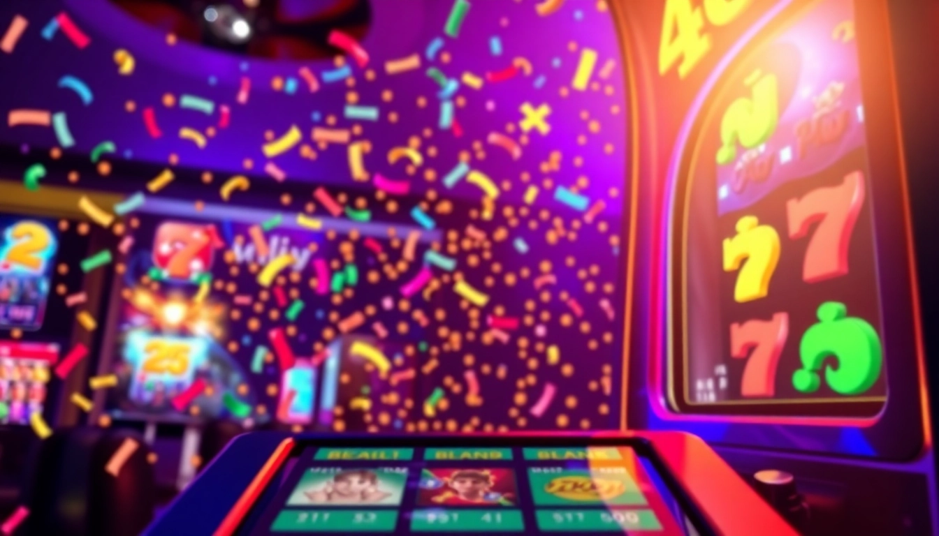 Engage in the thrill of ปั่นสล็อตฟรี with a colorful online slot machine spinning and confetti raining down.