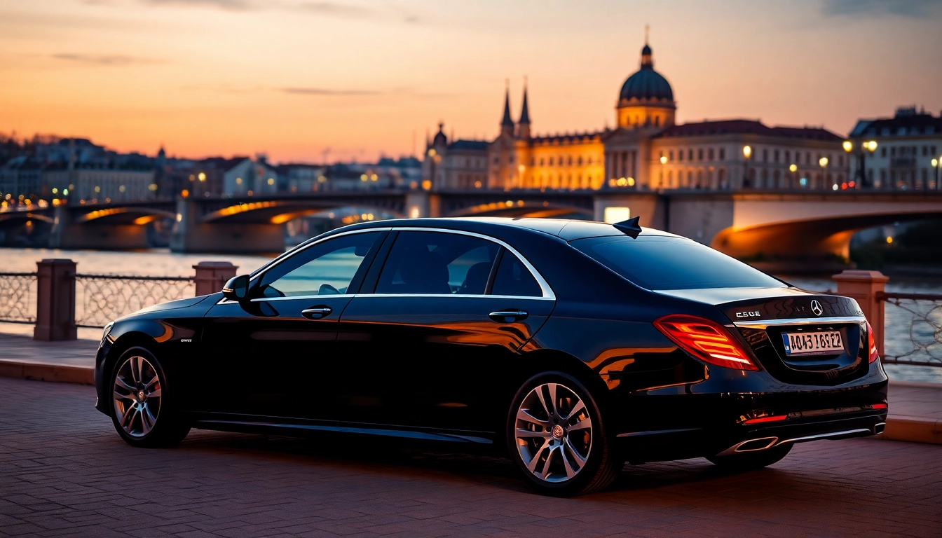 Experience luxury private car service Budapest with a sleek black sedan near the Chain Bridge during sunset.