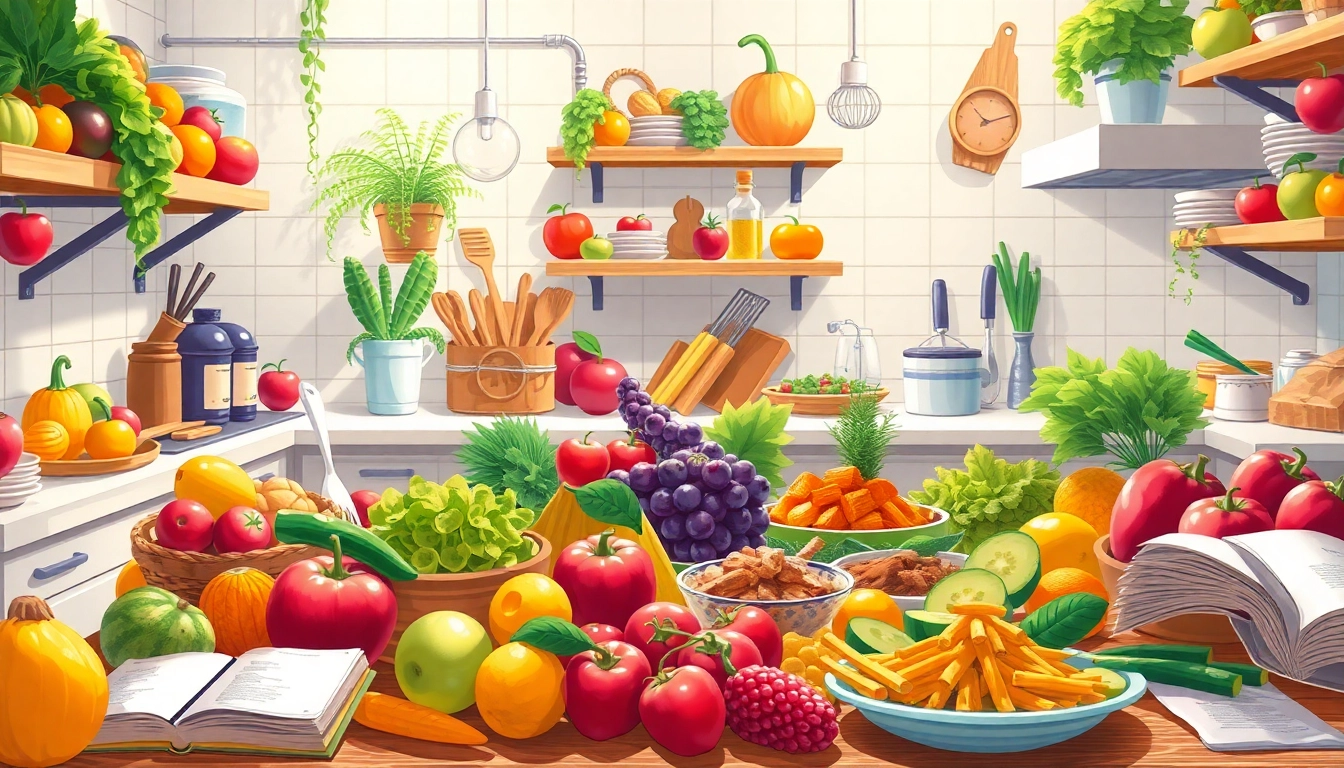 Engage with dishfacts.com through a colorful kitchen scene showcasing fresh ingredients, tempting dishes, and vibrant cooking tools.