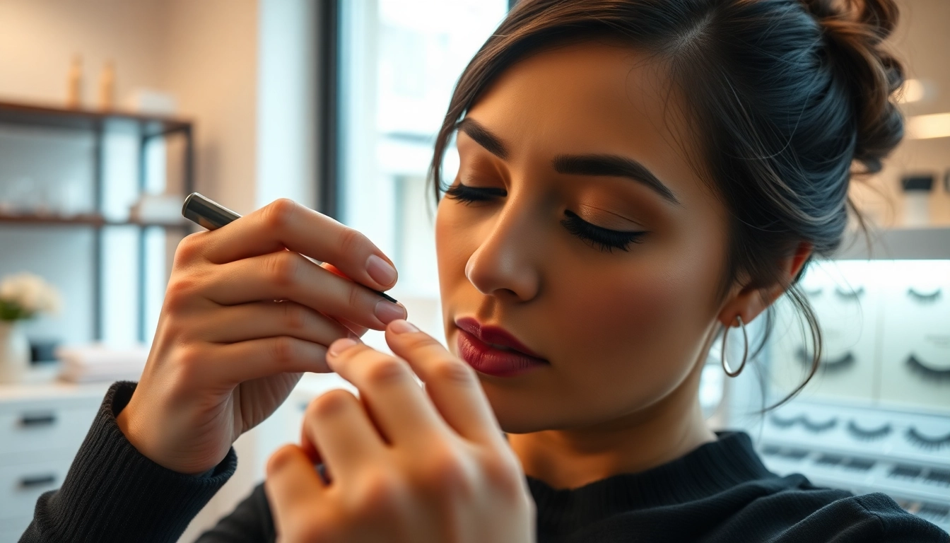 Lash techs apply extensions to a client's eyes, showcasing precision and creativity in a bright salon.