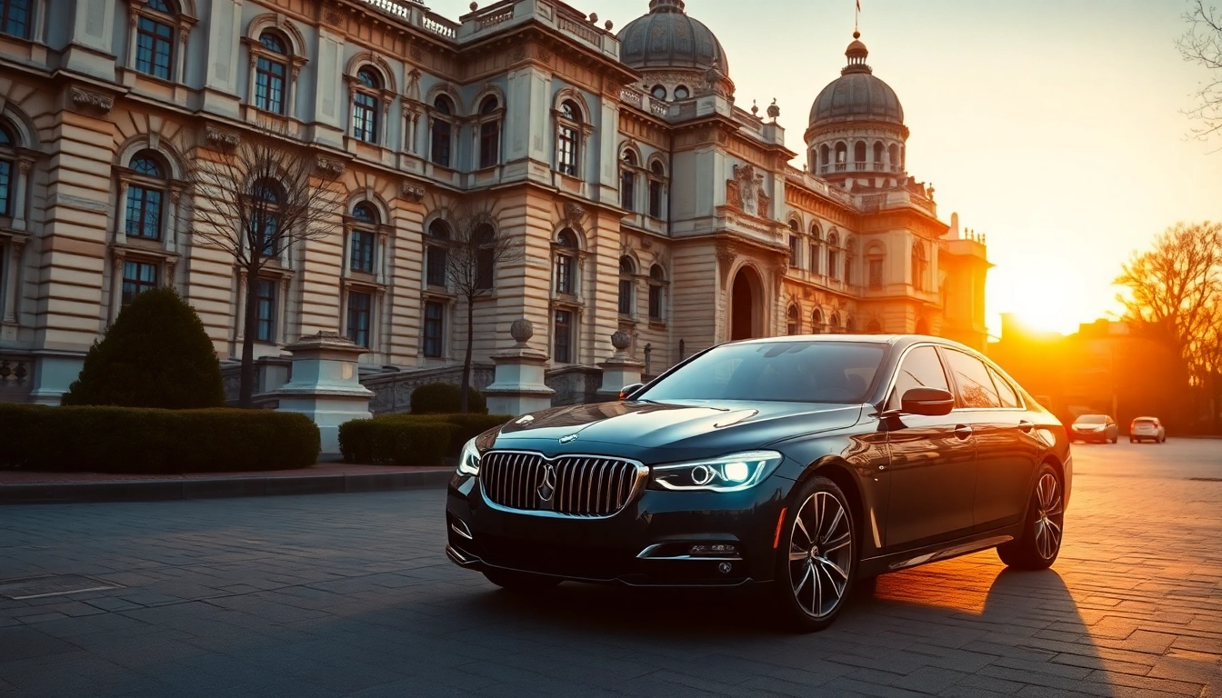 Experience luxury private car service Budapest with a sleek sedan near historic landmarks.