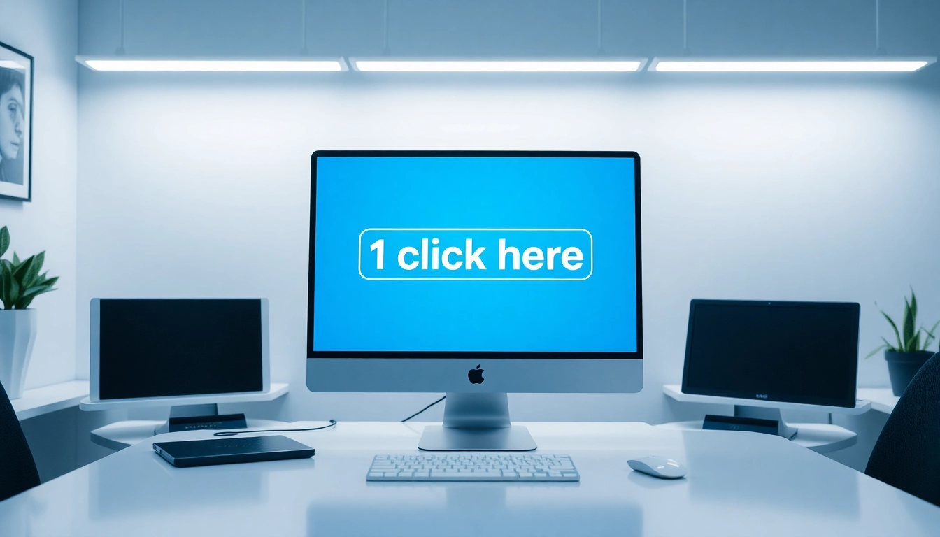 Engage with the '1click here' feature on a sleek workspace setup, showcasing modern technology.