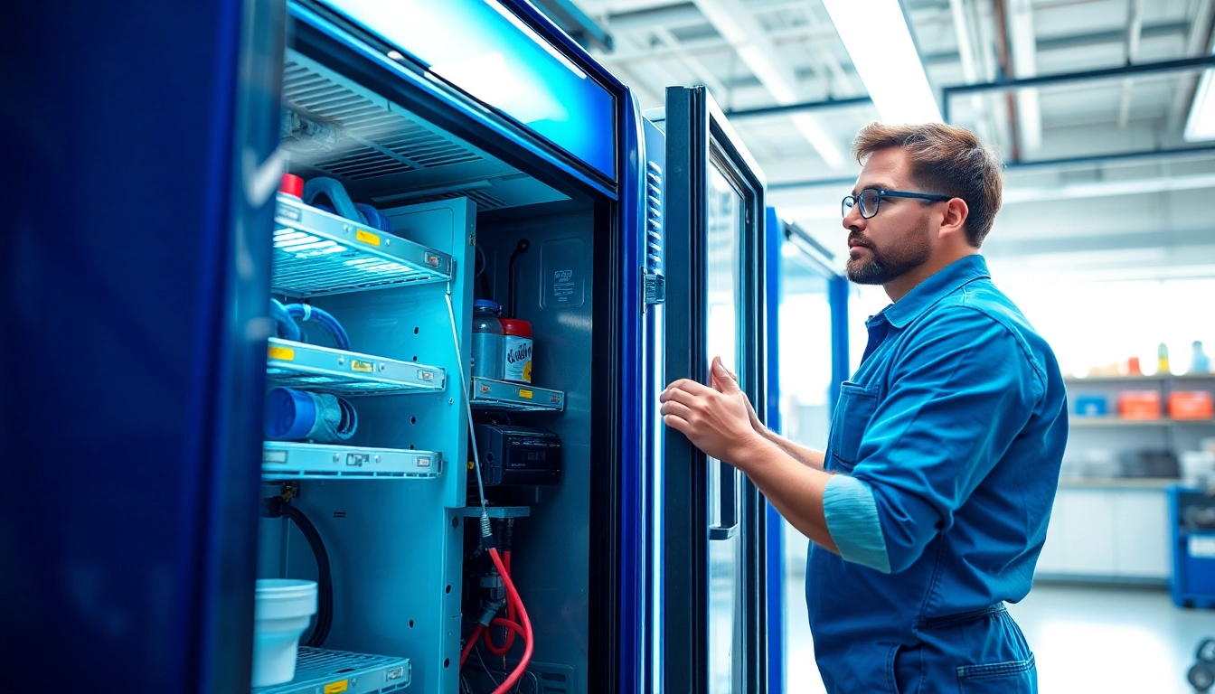 Technician performing soda cooler repair in a bright workshop environment.