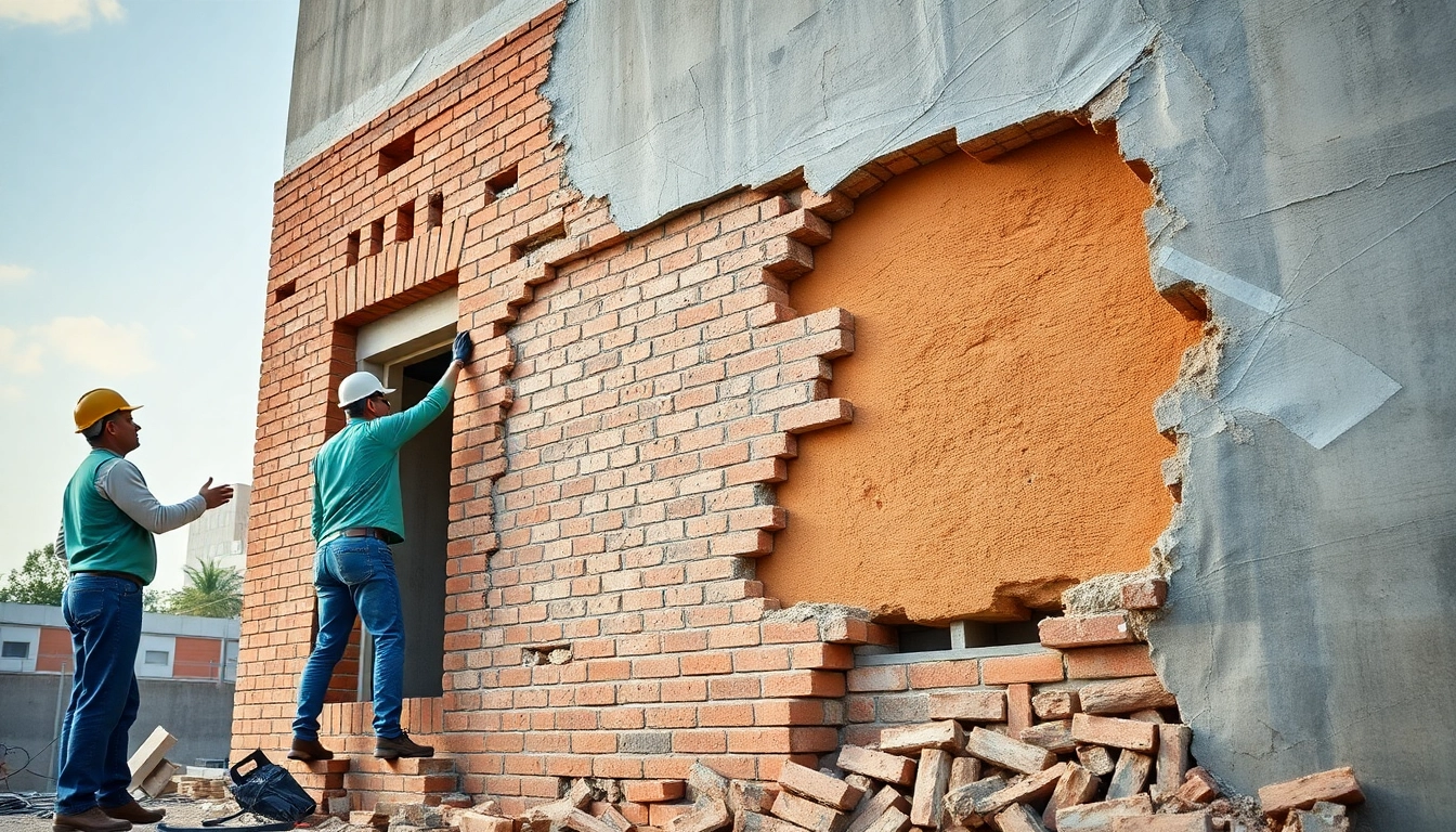 Expert workers performing facade removal on an old brick building to reveal a fresh surface underneath.