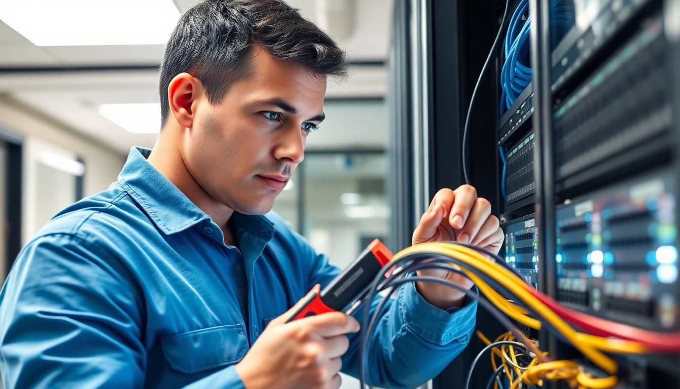 Technician providing Data Cable Installation service in a modern office, ensuring organized and efficient setup.