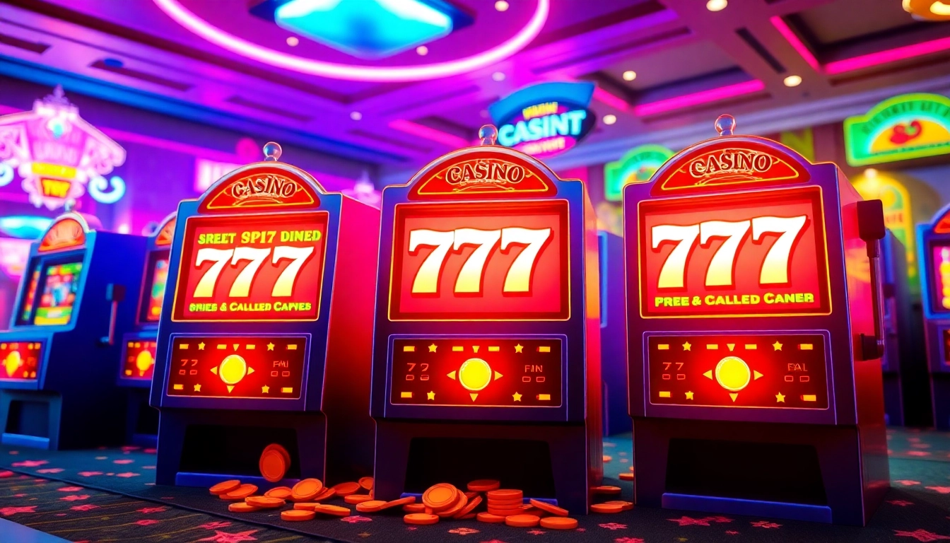 Experience the thrill of สล็อต777 with animated slot machines and vibrant neon lights, inviting players into an exciting online casino.