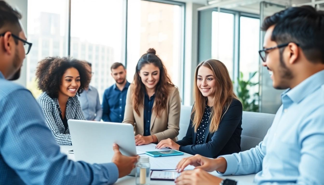 Team discussing outsourcing strategies in a bright office environment.