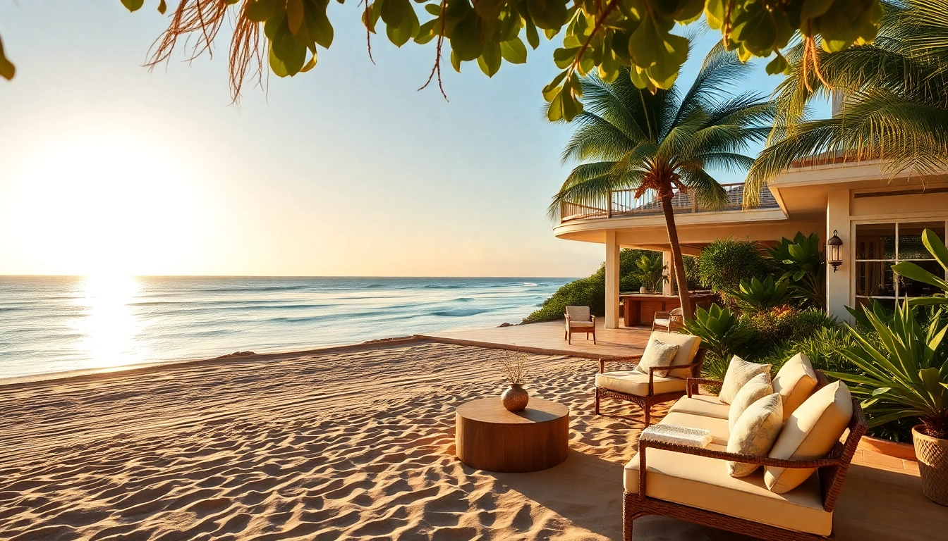 Relax at a saint martin beachfront villa with stunning views and luxurious sun loungers by the shore.