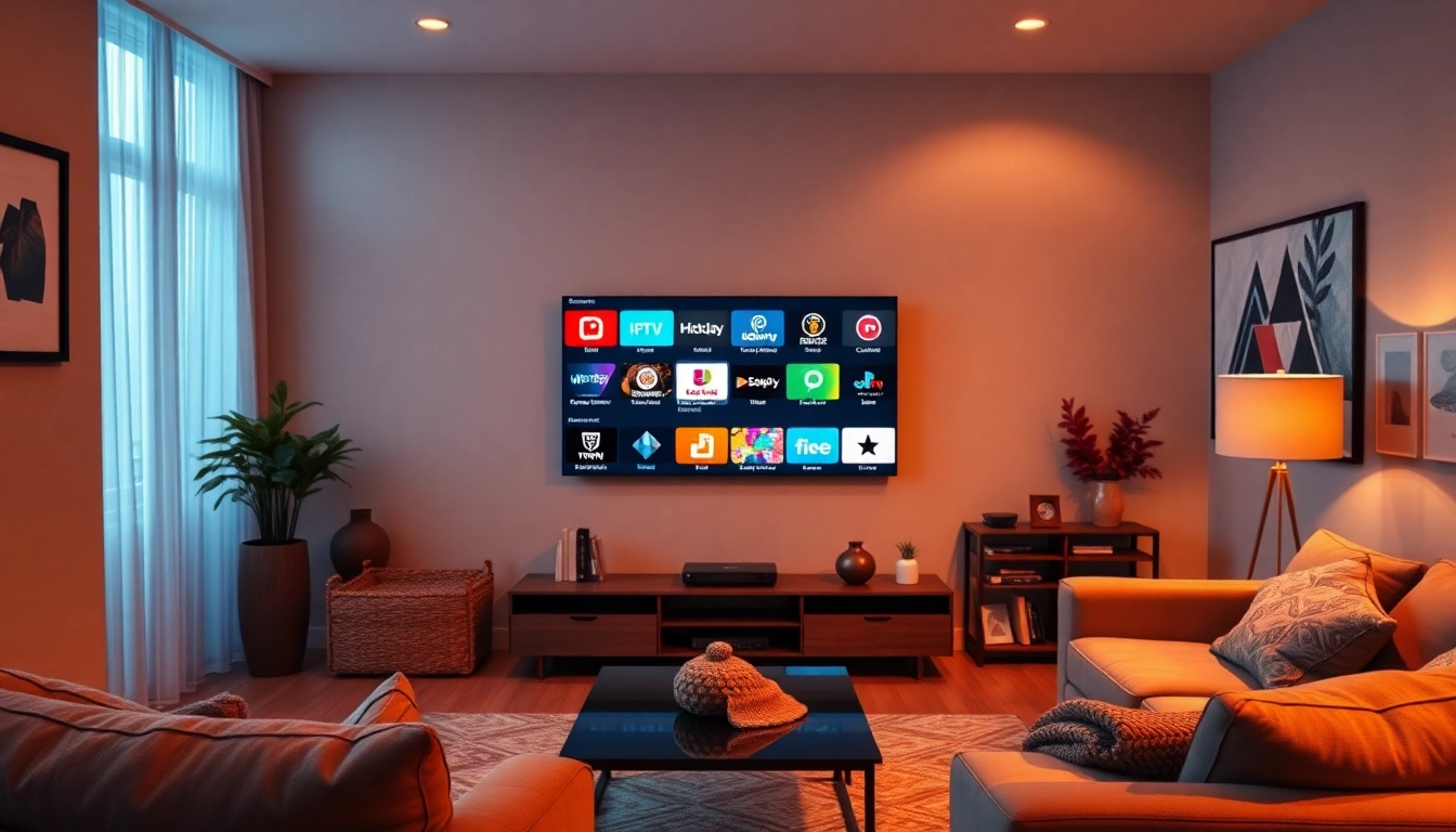 Enjoy a free iptv trial with a vibrant display of channels in a cozy living room setting.