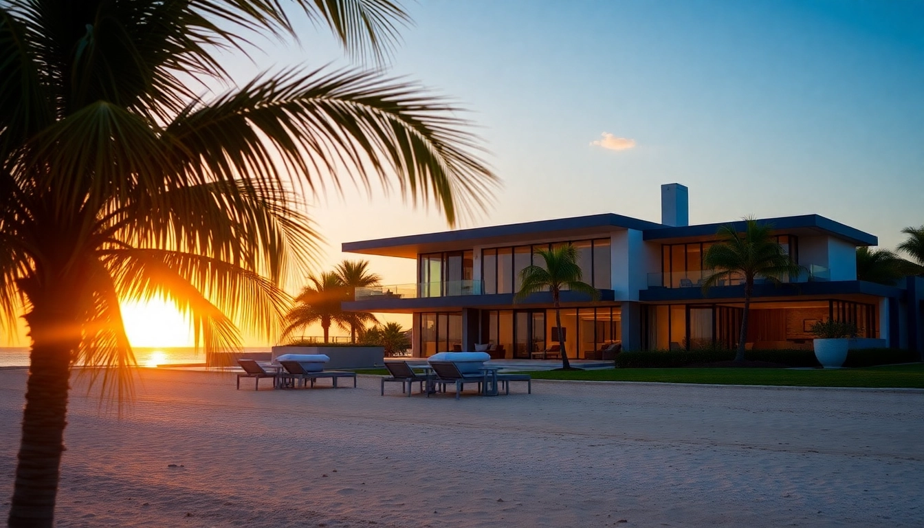 View the stunning saint martin beachfront villa surrounded by lush greenery and a vibrant sunset.