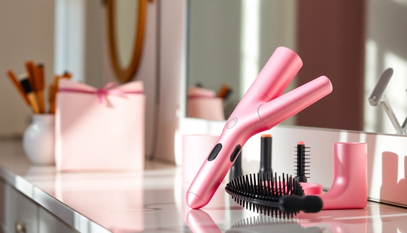 Using the pink hair styling tools kit with precision for a beautifully styled look.