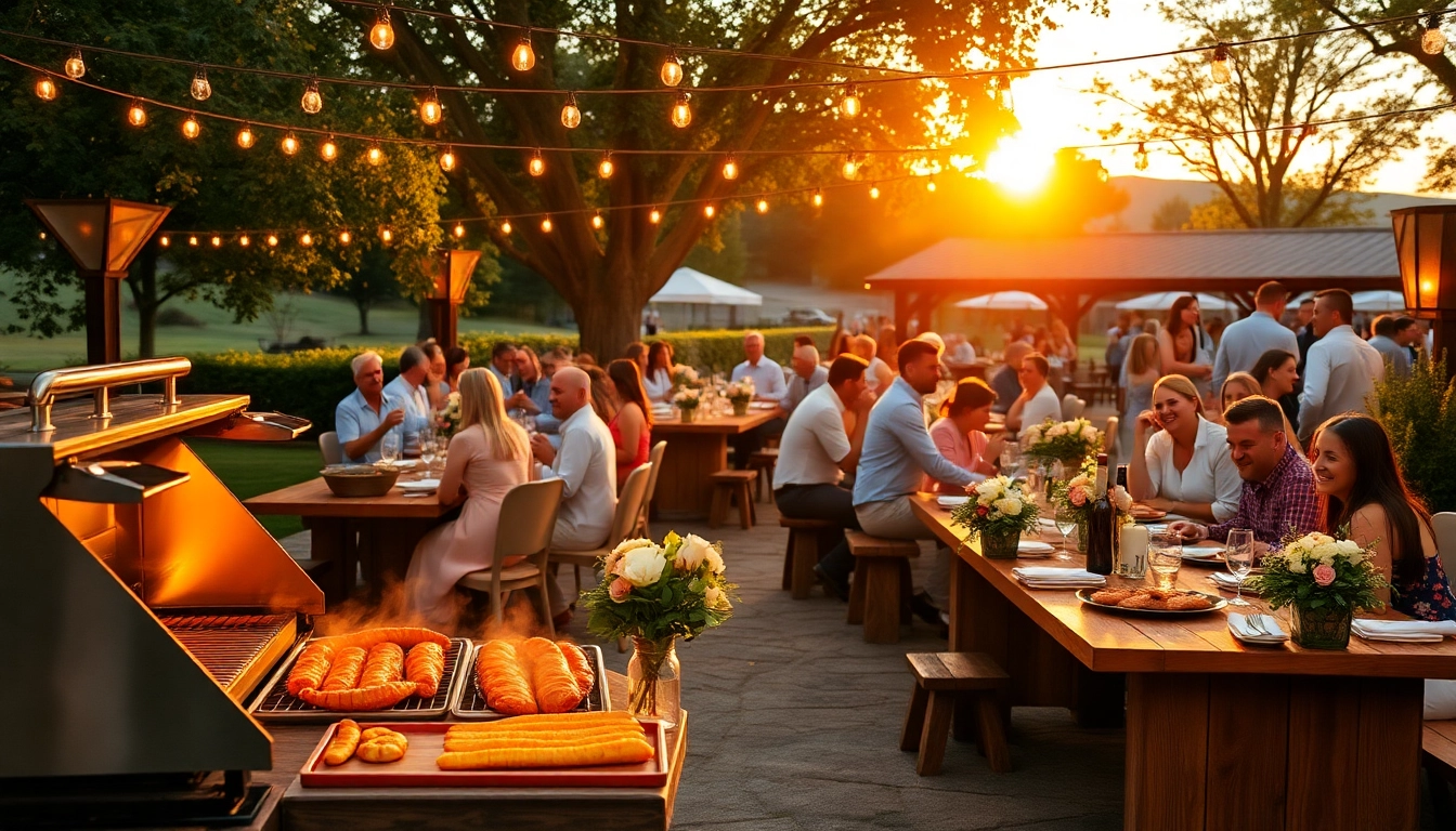 Savor delightful Hochzeit Grill Catering für Berlin with a beautifully arranged outdoor buffet, showcasing a vibrant wedding setting.