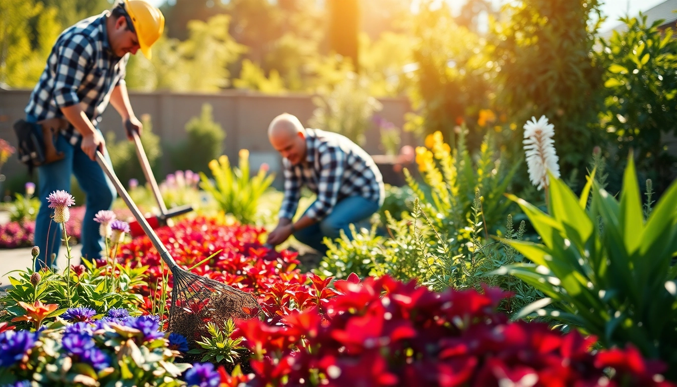 Commercial landscaping contractors diligently shaping a lush garden space.