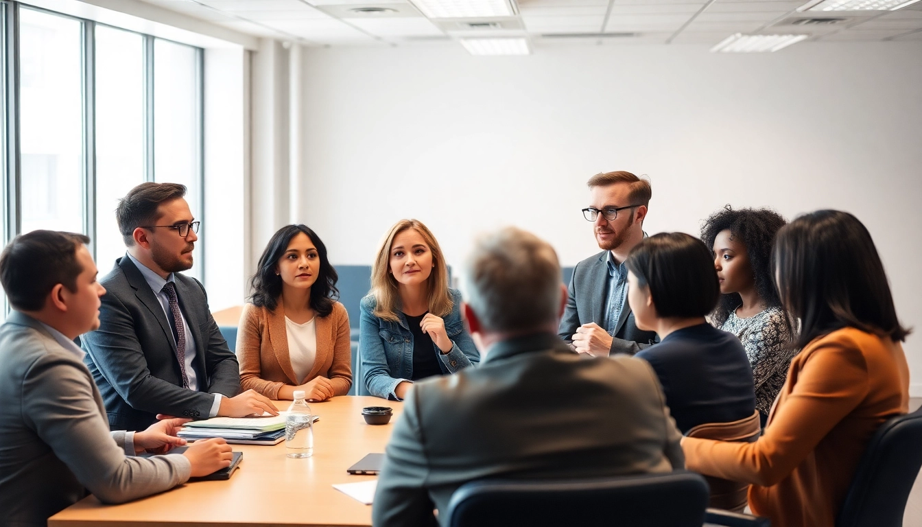 Group discussing AI Opinion poll results in a professional setting, showcasing varied emotions.