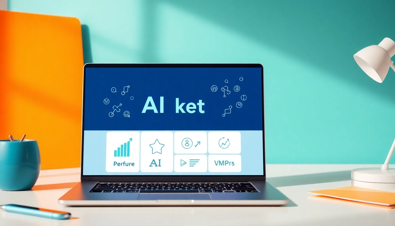 Showcase of AI marketing tools enhancing productivity and creativity in a vibrant workspace.