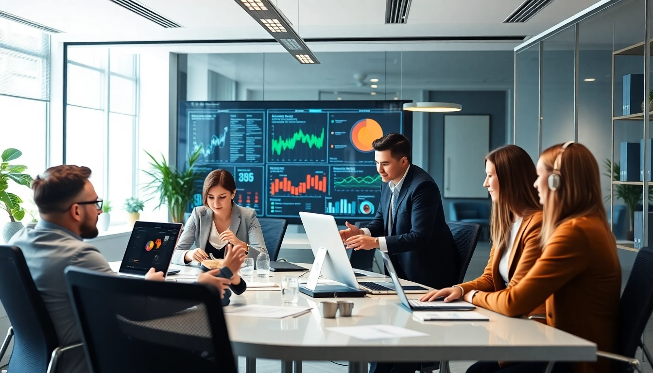 Competitive intelligence company team analyzing market data with modern technology tools in a collaborative setting.