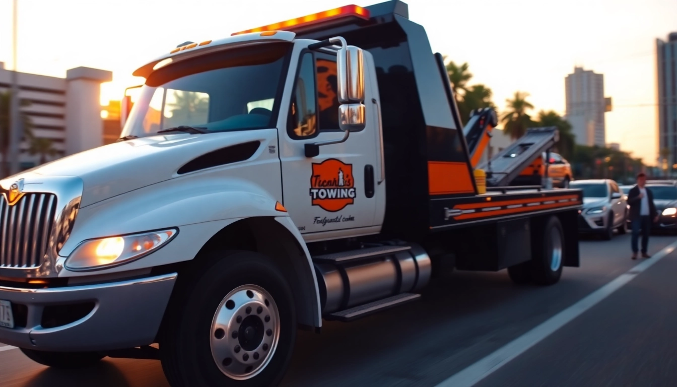 Reliable and professional service from the Best towing company Tampa, capturing a tow truck assisting a vehicle on a bustling street.