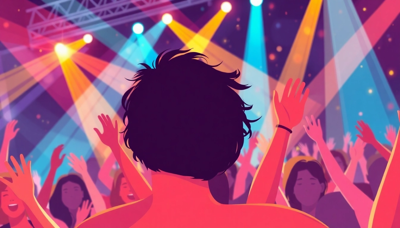 Live Music Fans celebrating at an outdoor concert, radiating joy and energy amidst colorful lights.