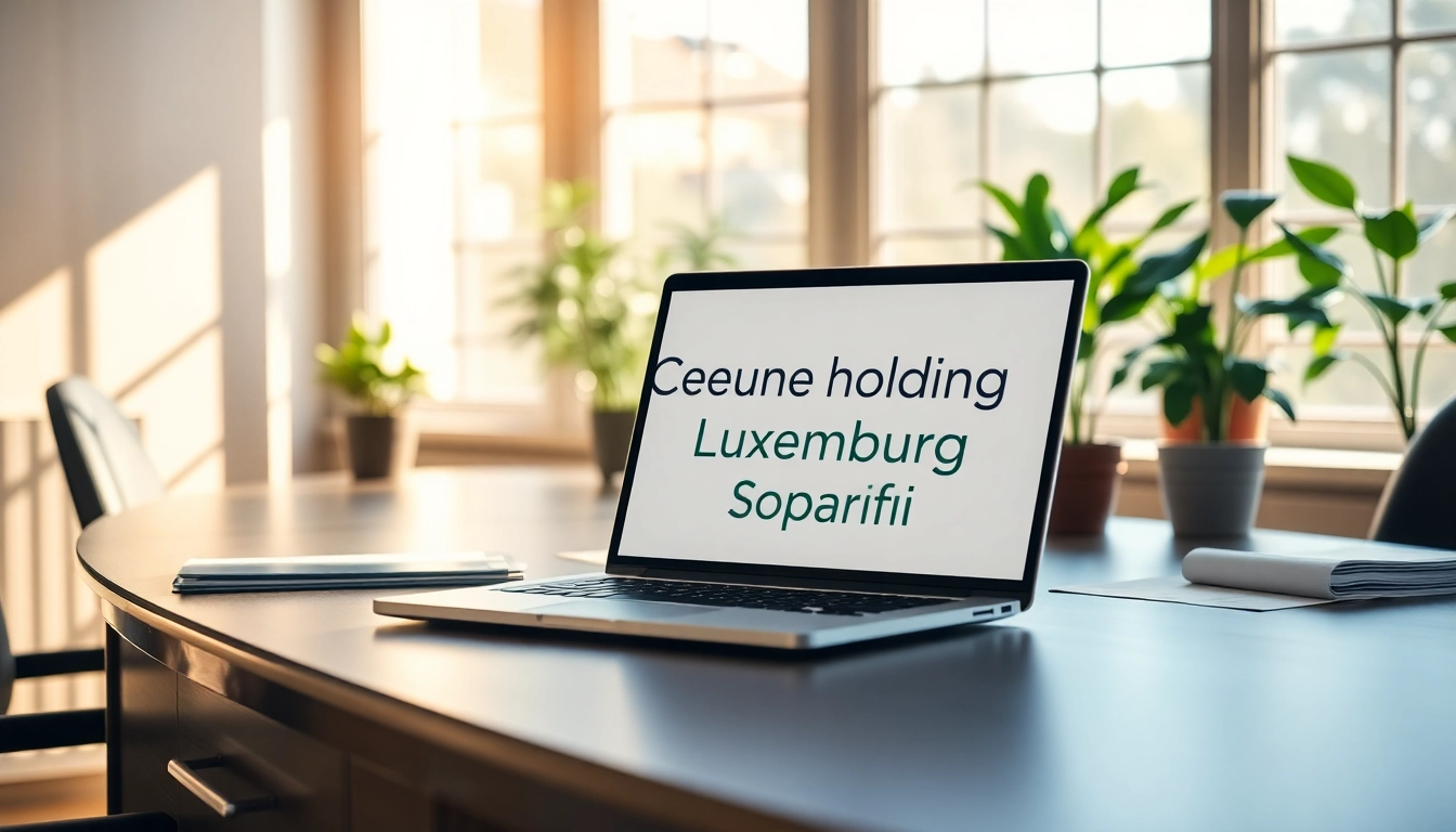 Créer holding Luxembourg Soparfi avec un bureau professionnel élégant et un contraste lumineux.