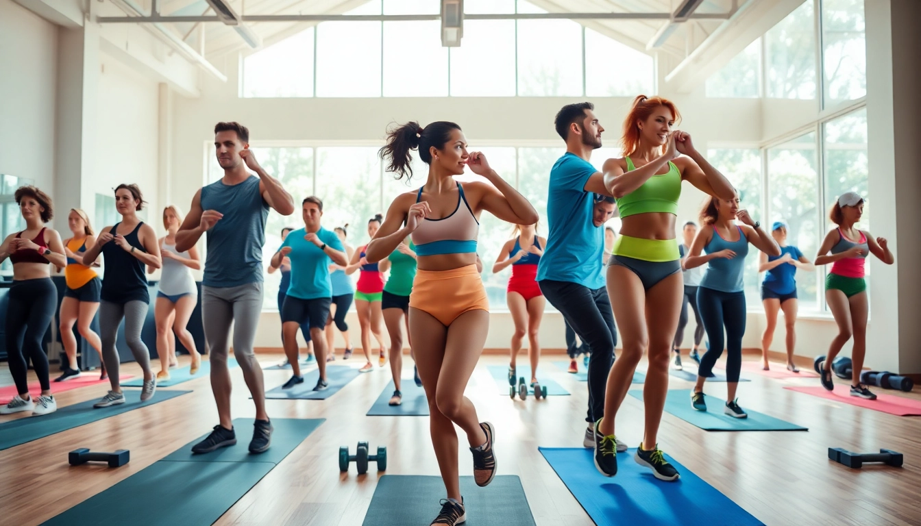Engaged fitness enthusiasts in a small group class near me focusing on workout routines.