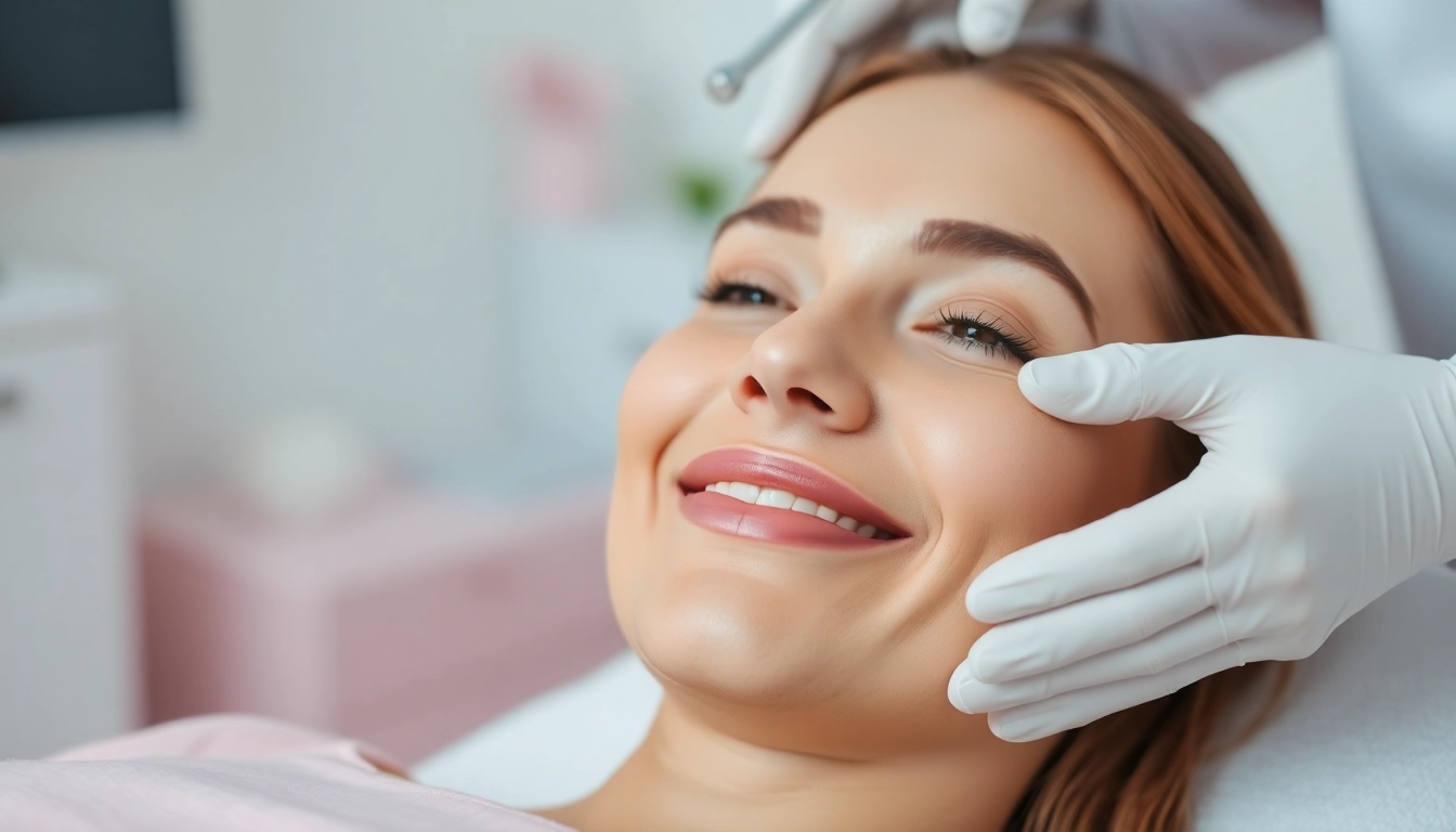 Behandlung zur Faltenreduktion: glückliche Patientin erhält Botox in einer entspannten Umgebung.