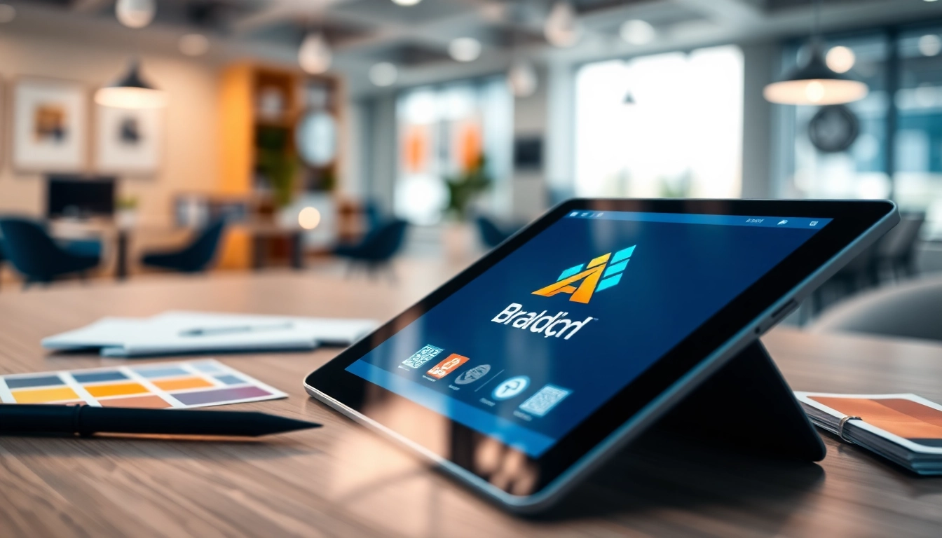 Showcasing AI business branding tools in a modern creative workspace.
