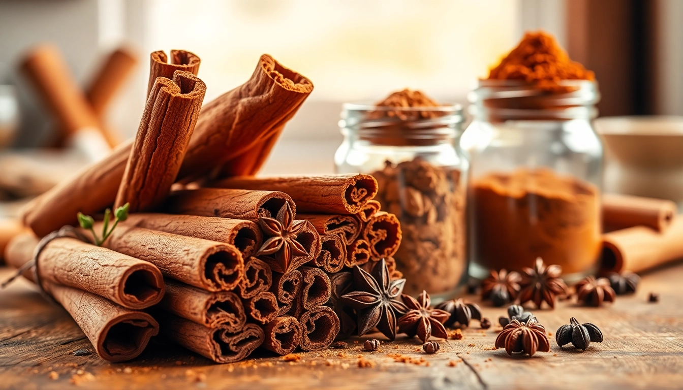 Cinnamon Bark displayed on a rustic table, showcasing its texture and surrounding spices.