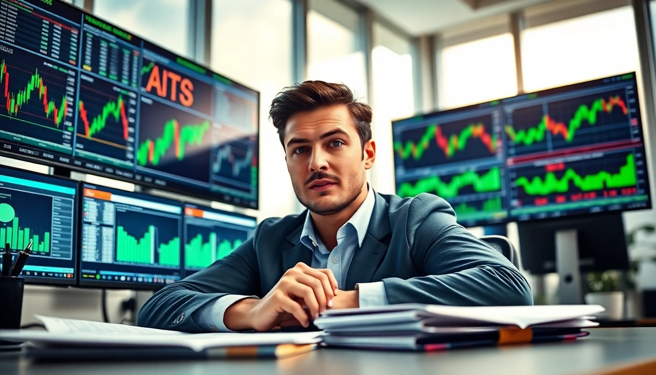 Engaging trader analyzing trade futures data on multiple screens in a bright office.