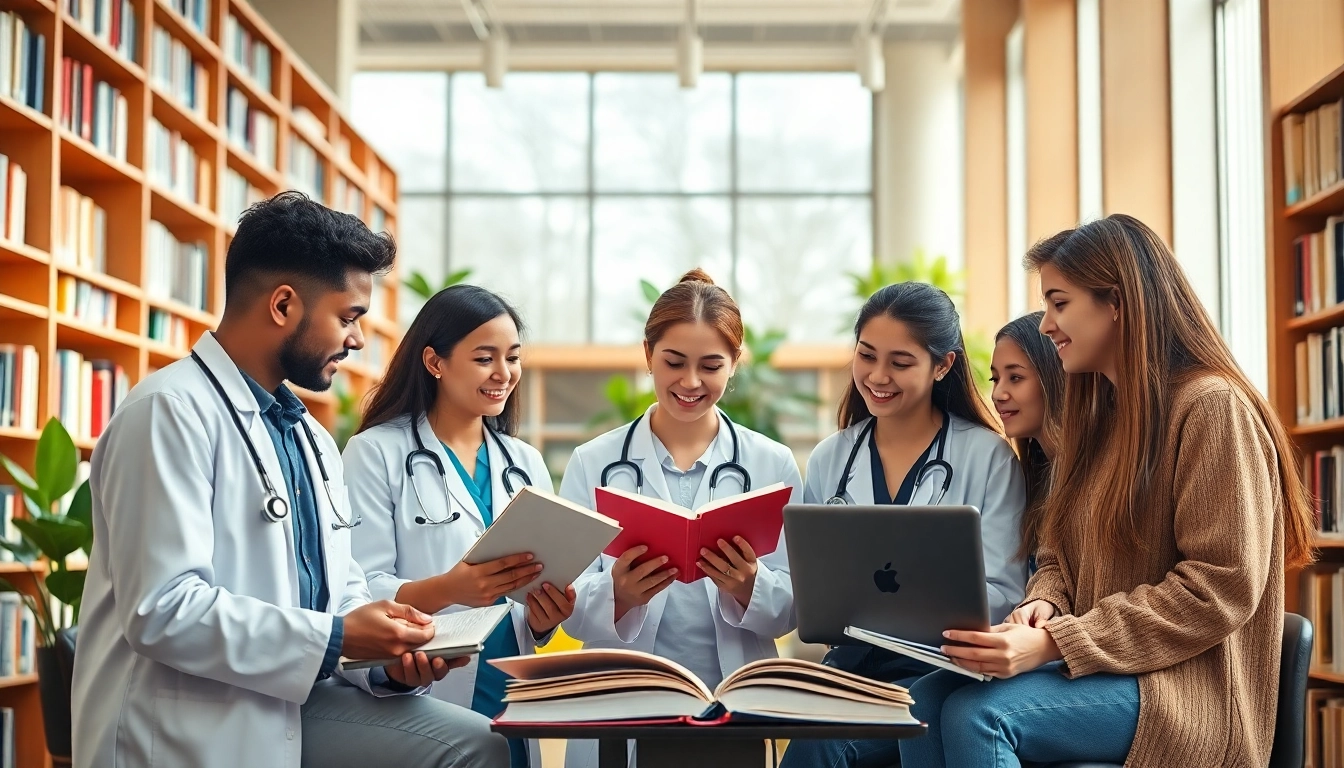 Medizinstudium ohne NC: Studierende in einer lebhaften Zusammenarbeit im Bibliotheksumfeld.