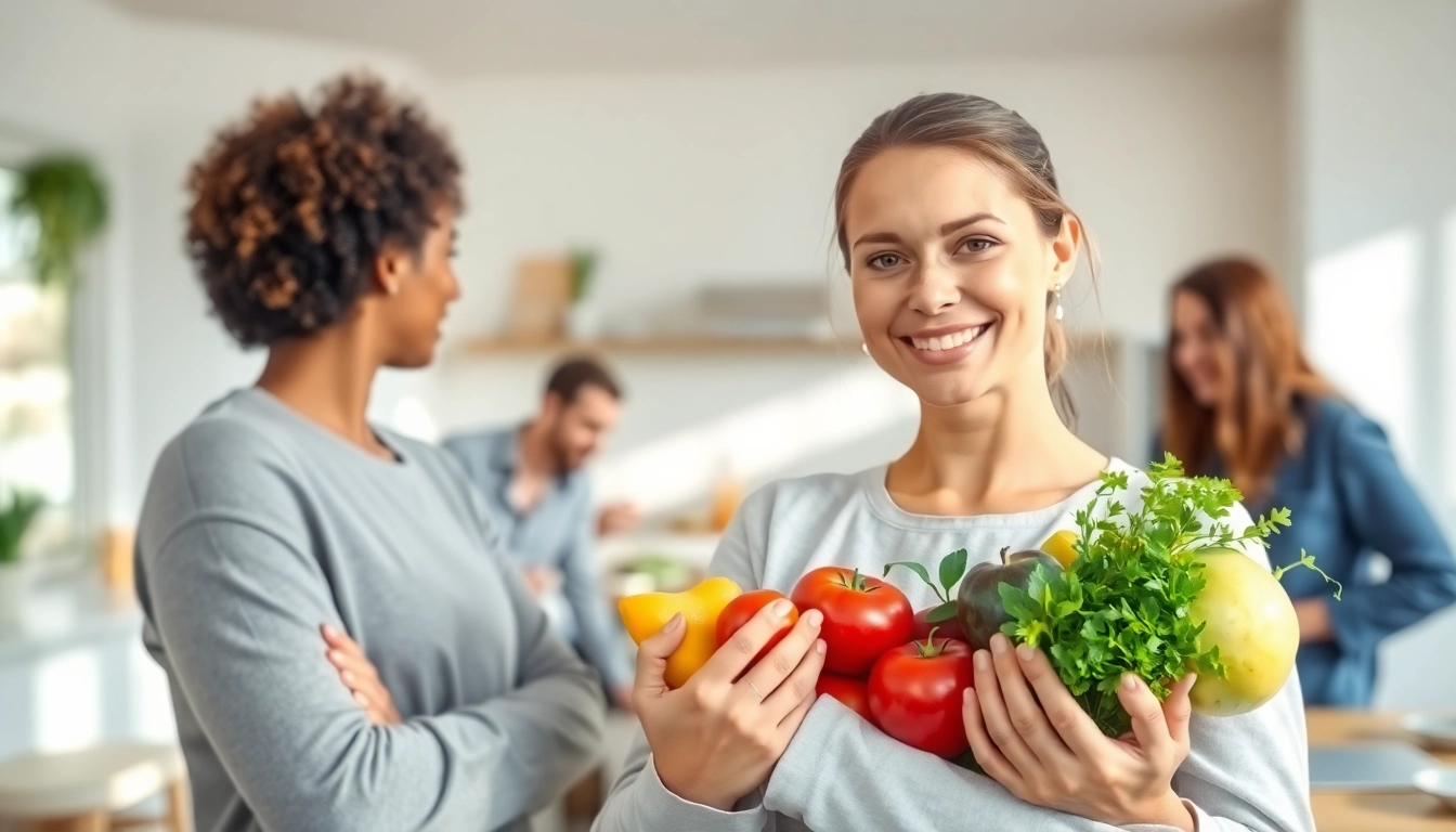 Engaging scene of a nutritionist promoting holistic nutrition certification with vibrant foods in a modern kitchen.