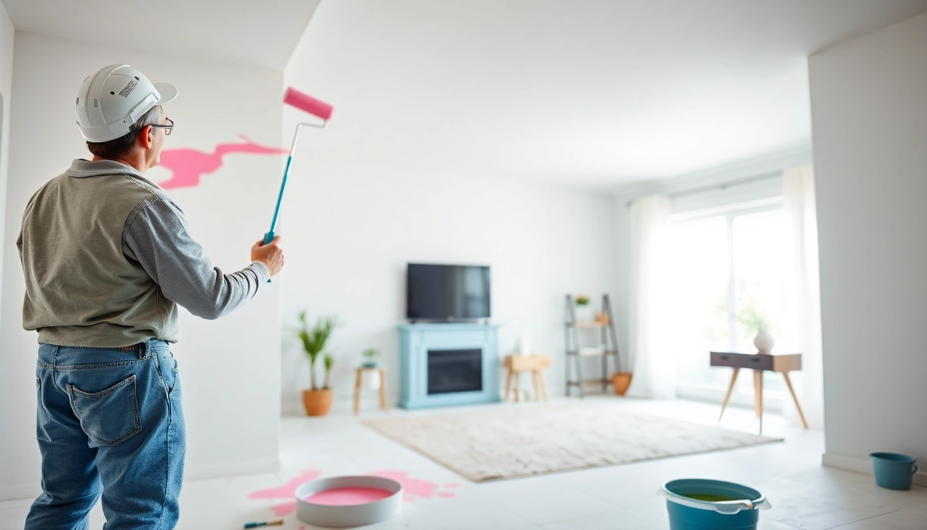 Enhance your drywall painting skills with a professional setup showcasing a painter at work.