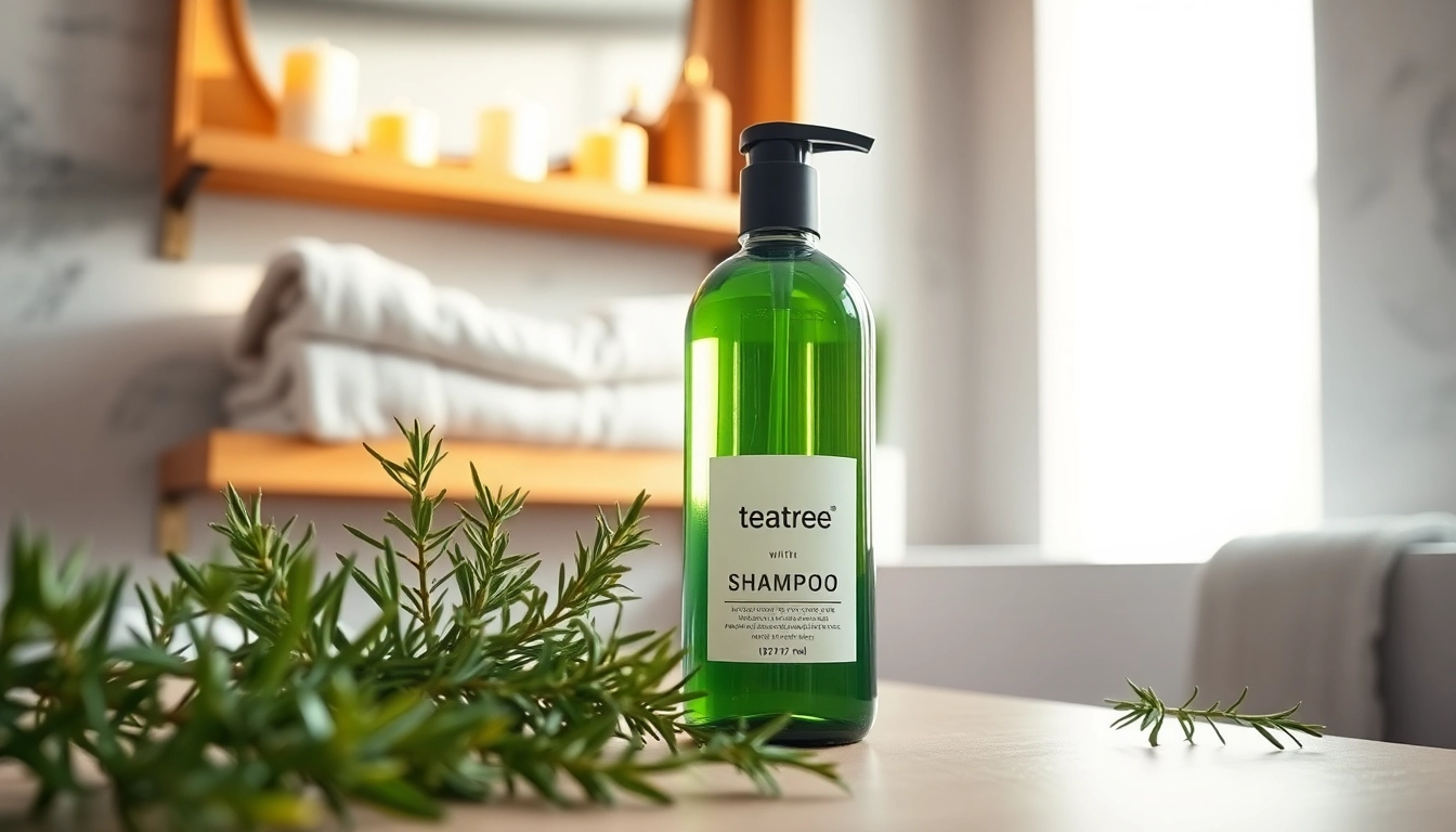 Shampoo with tea tree oil featured in a calming bathroom setting surrounded by natural elements.
