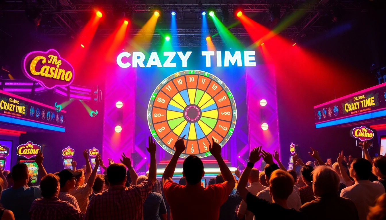 Crazy time live: Participants enjoying an exhilarating moment at the Crazy Time game show with a vibrant wheel.