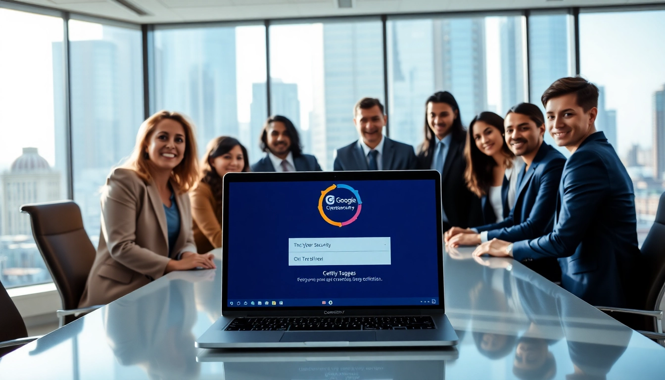 Collaboration among cybersecurity professionals focusing on Google Cybersecurity Certification in a modern office.