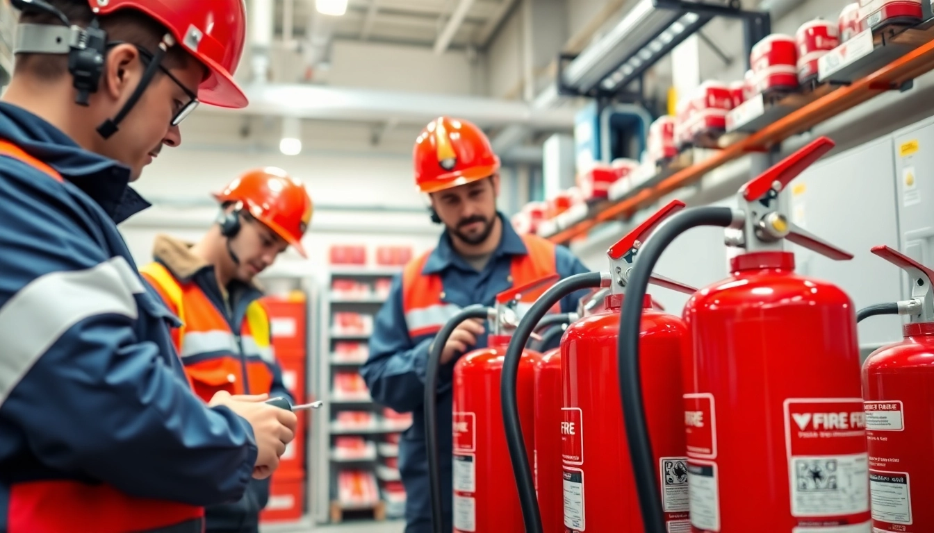 Fire extinguisher servicing Lichfield team inspecting extinguishers in a commercial environment.