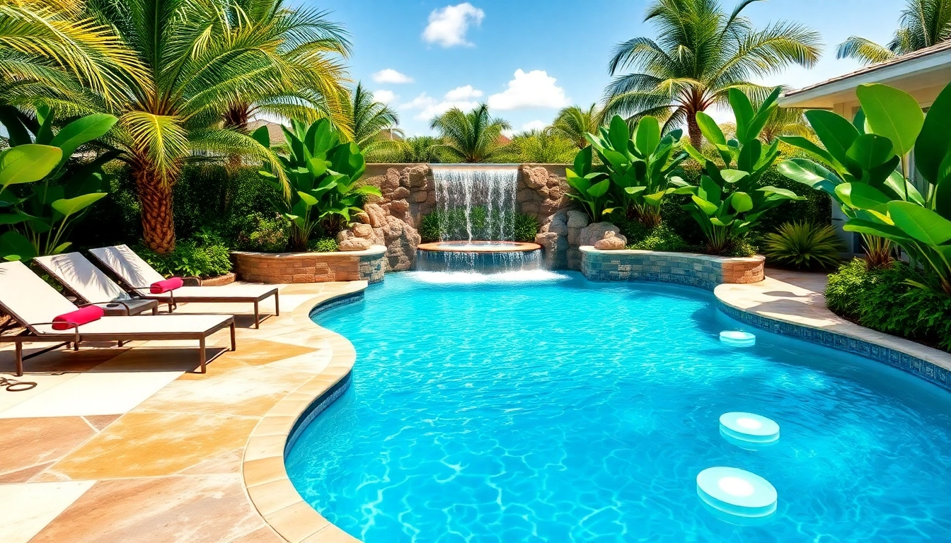 Creating a luxurious custom pool design with a tranquil waterfall feature beside tropical plants.