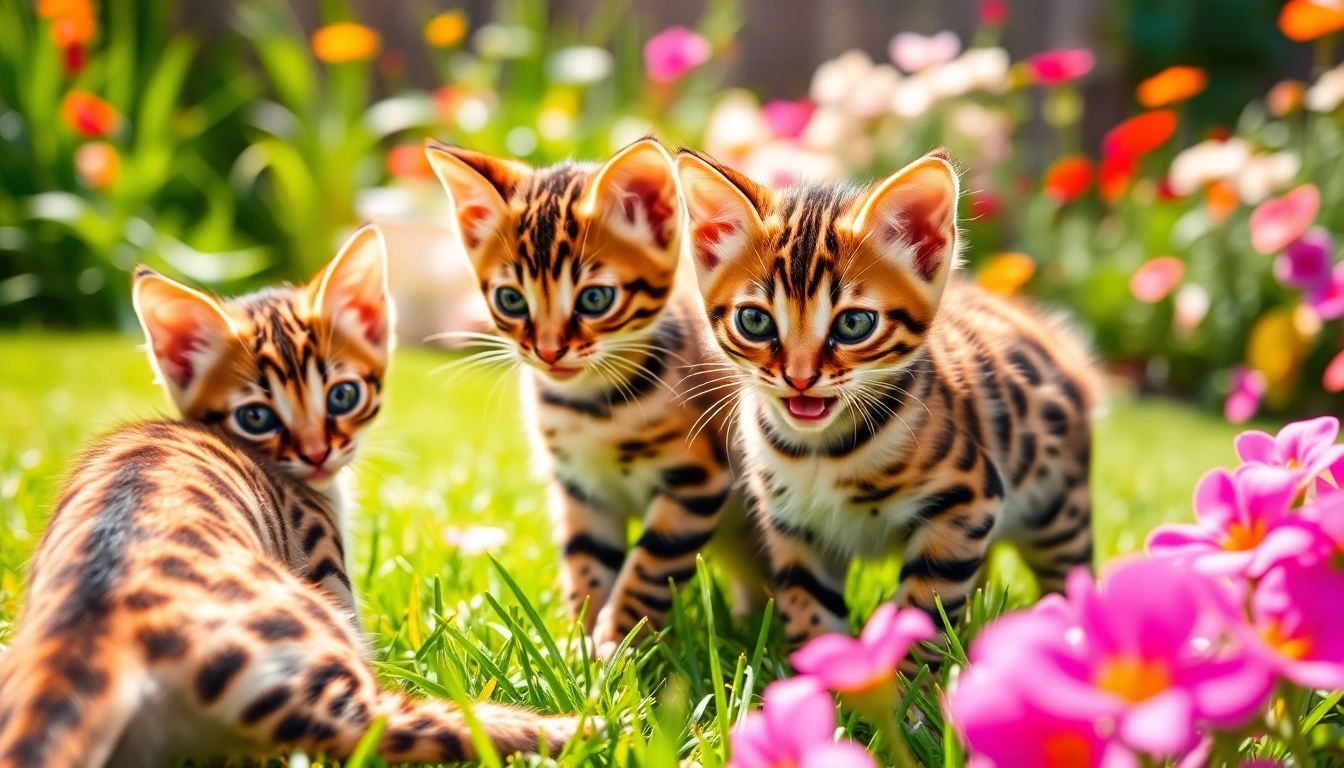 Engaging Bengal Breeders Orange County showcasing playful kittens in a vibrant garden setting.
