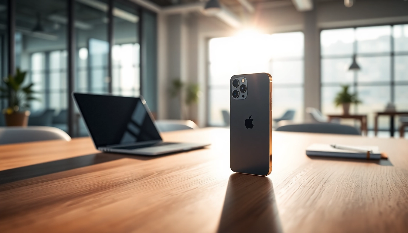 Buy iPhone 16 Pro showcasing its titanium design on a professional workspace table.