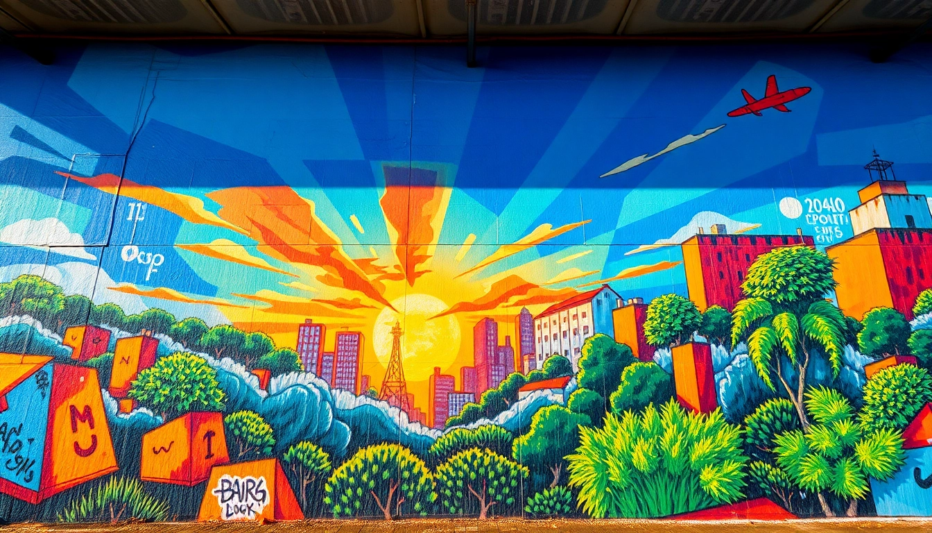 Stunning murale of an urban landscape radiating vibrant colors and modern graffiti art.