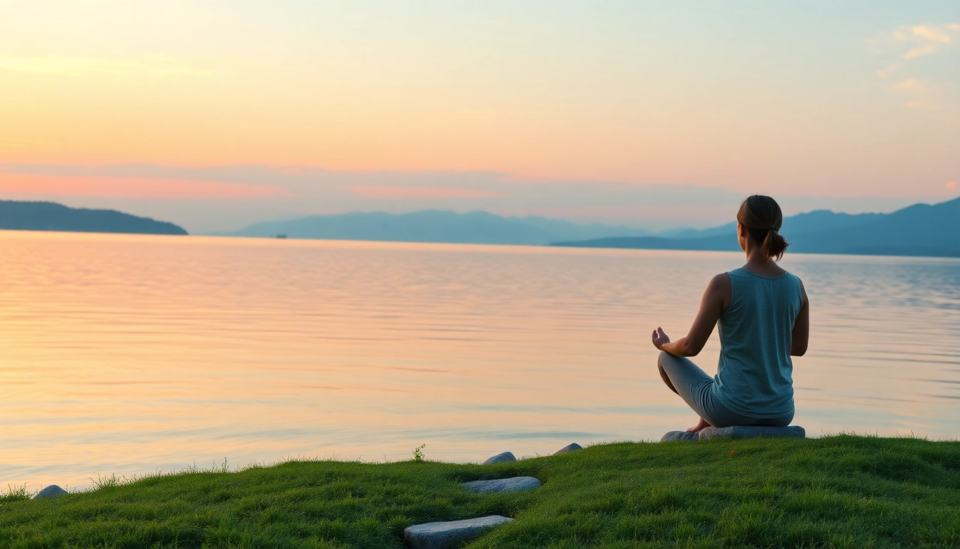 Meditating person on lakeshore reflecting dealing with stress in a tranquil sunset setting.