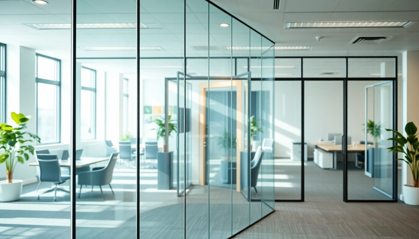 Showcasing modern movable glass partitions that enhance office space functionality and aesthetics.