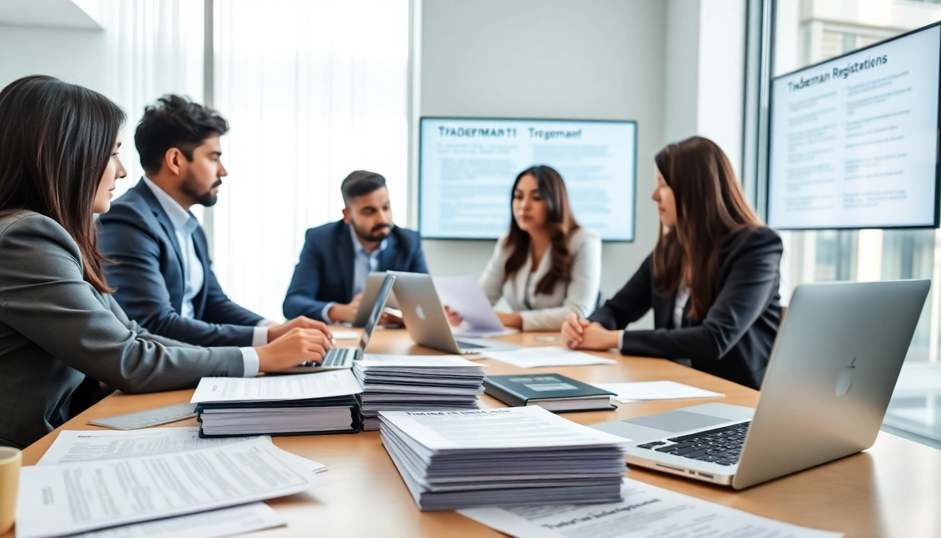 Analyzing trademark registration in India and US during a professional business meeting.