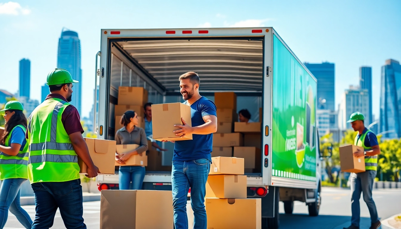Movers efficiently loading boxes into a truck, showcasing Cheap movers services in a bustling setting.