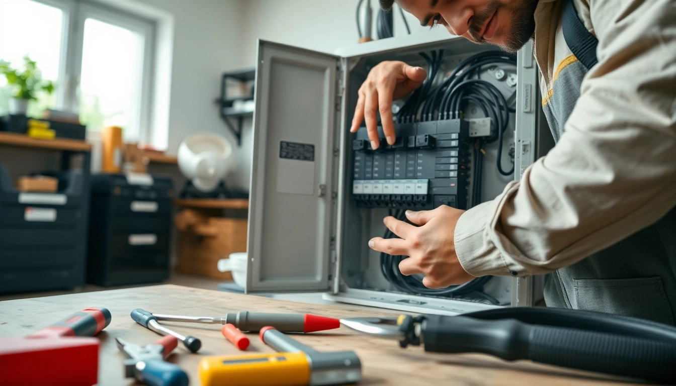 Electrician performing an Electrical Panel Upgrade with precision and care in a bright workspace.