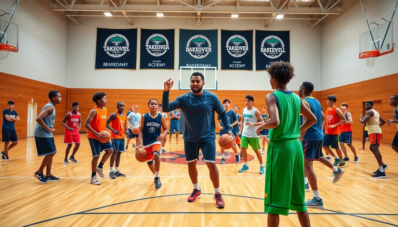 Engaged youth athletes at the Takeover Basketball Academy demonstrating teamwork and skill development on the court.
